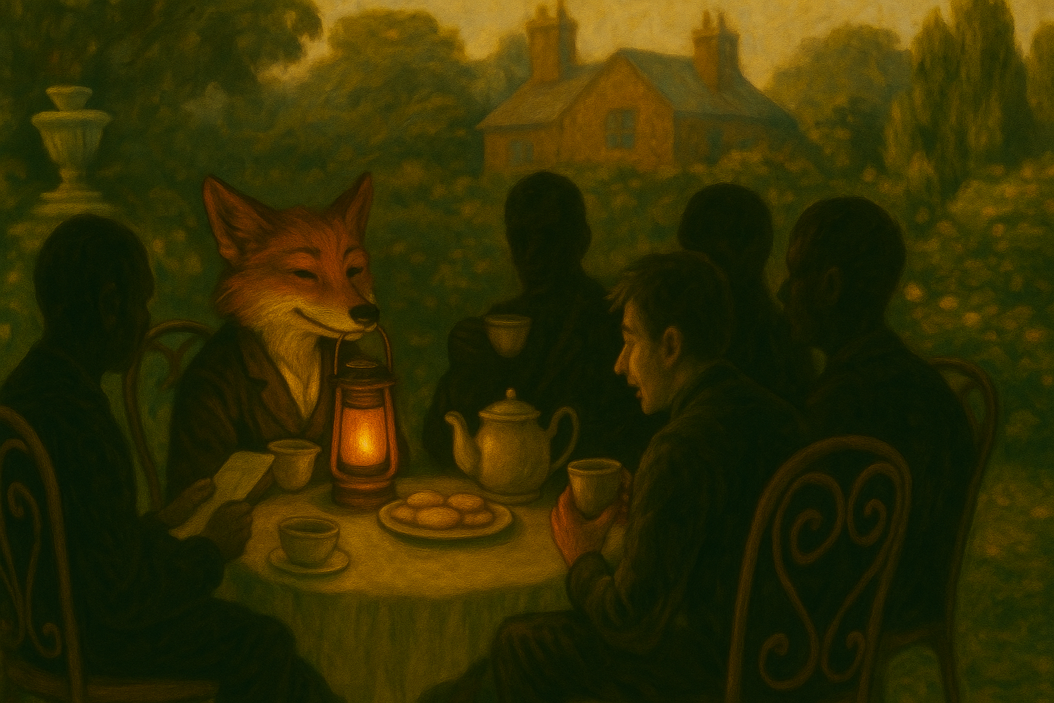 Fox at tea table with lantern and shadowed guests
